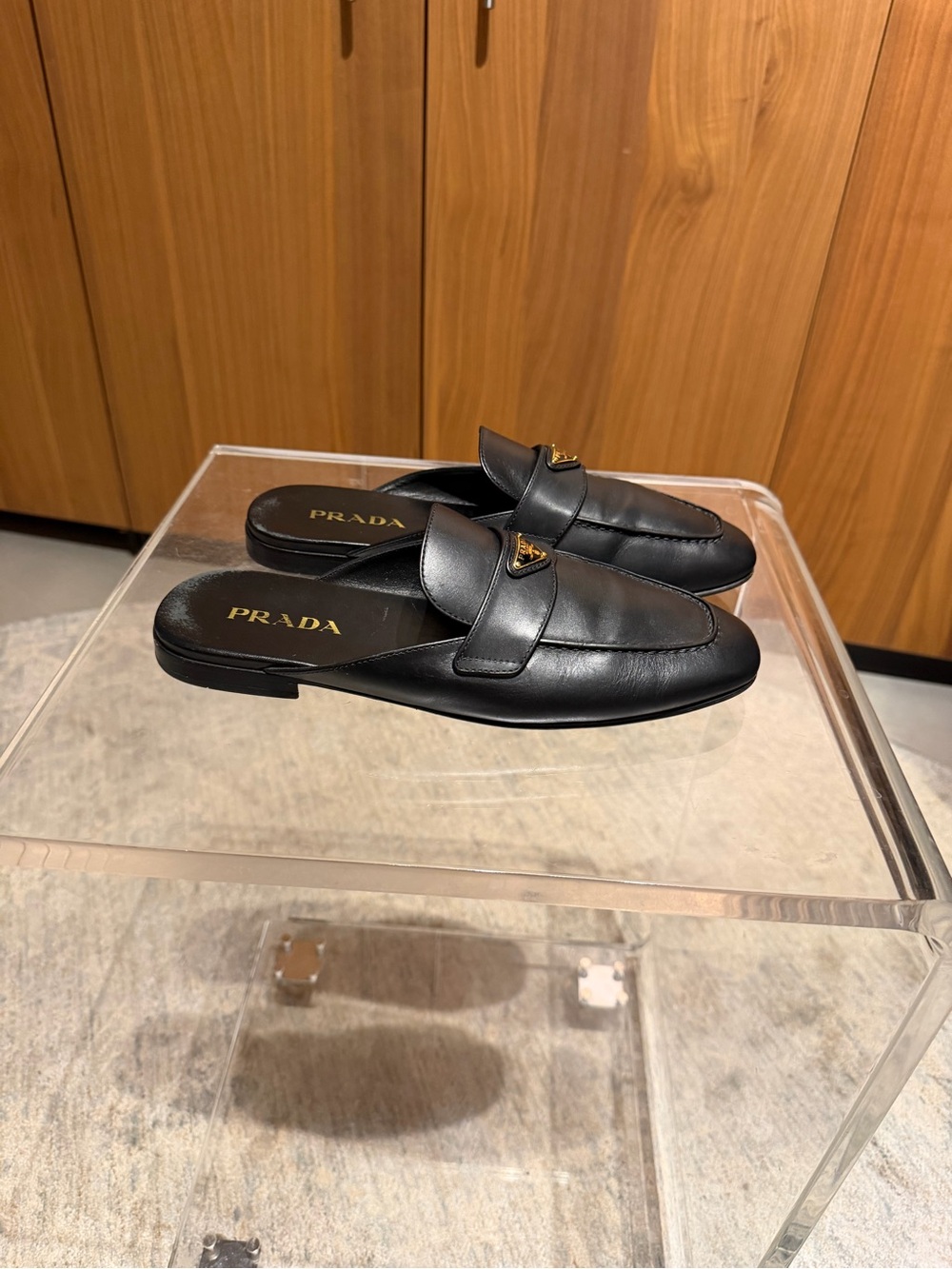 Prada Black Leather Backless Loafer Mule with Gold Triangle Hardware - Picture 10 of 13